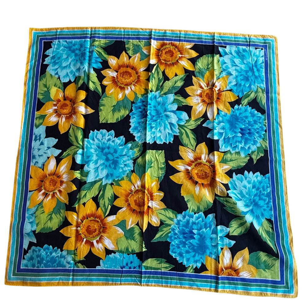 Vintage ECHO silk & cotton blend scarf colorful bold floral blue & yellow square